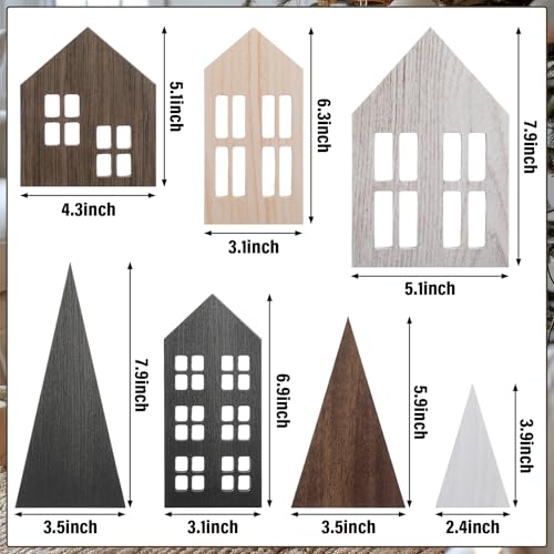 Wooden Christmas Village Houses Set with Trees - Rustic Holiday Decor