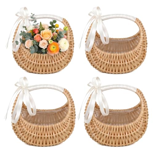 4 Pack Rattan Flower Girl Baskets Half Moon Straw Wicker Decor