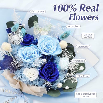 Blue Preserved Roses Bouquet - 6 Real Forever Flowers for Mother's Day, Birthday, Valentine's Day Gift