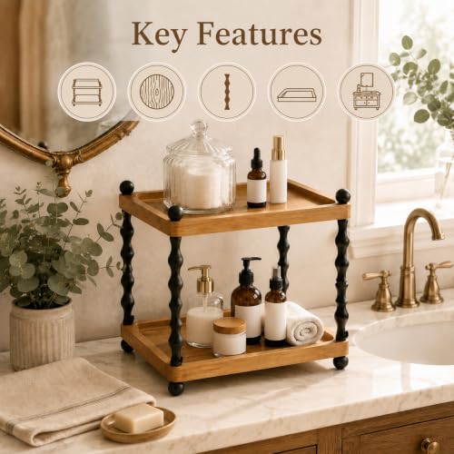 Wooden 2-Tier Bathroom Counter Organizer with Spindle Legs, Vanity Storage Shelf