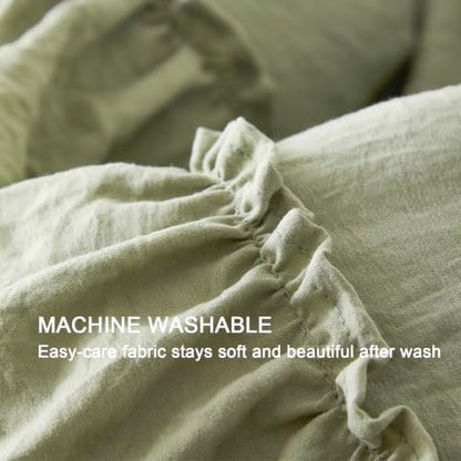 Sage Green Double Ruffle Comforter Set Queen Size Farmhouse Bedding - Soft Pre-Washed Fabric