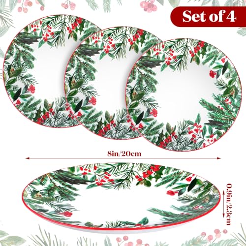 Christmas Green Dinner Plates Set of 4 with Winter Leaves Pattern