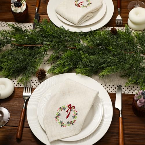 White Christmas Linen Napkins Set of 6 - Embroidered Wreath Holiday Table Decor