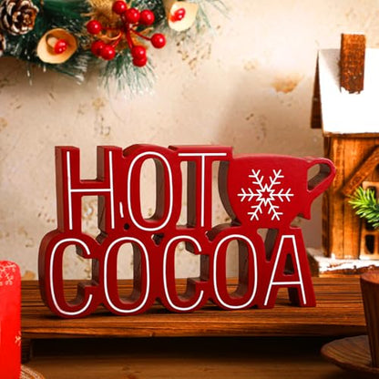 Christmas Wooden Sign - Hot Cocoa Tabletop Decor with Snowflake - Red & Cocoa Variation