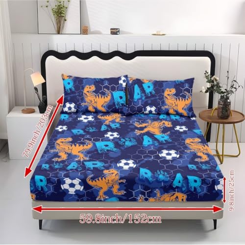 Soccer Dinosaurs Twin XL Bed Sheet Set for Kids Room Decor - 3 Piece Deep Pocket Bedding