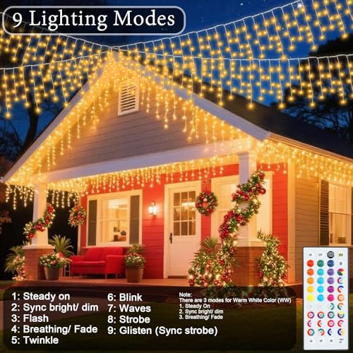 48 FT Colorful Icicle Christmas Lights - Outdoor Waterproof String Lights with Remote