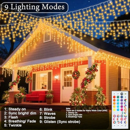 48 FT Colorful Icicle Christmas Lights - Outdoor Waterproof String Lights with Remote