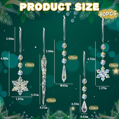 Iridescent Christmas Tree Ornaments Set - 80pcs Snowflake & Icicle Shapes
