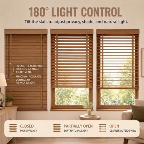 Brown 2-Inch Wooden Slat Cordless Window Blinds - Indoor Horizontal Shades