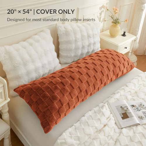 Checkered Faux Rabbit Fur Body Pillow Cover 20x54 Burnt Orange - Plush & Cozy