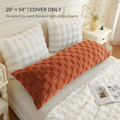 Checkered Faux Rabbit Fur Body Pillow Cover 20x54 Burnt Orange - Plush & Cozy