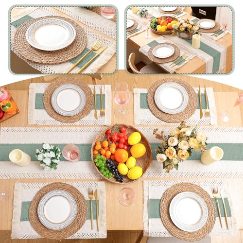 Boho Green Table Runner and Placemats Set of 4 - Sage Green, 12x72