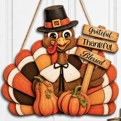 Thanksgiving Turkey Wood Sign - Thankful Pumpkin Front Door Wreath Decor