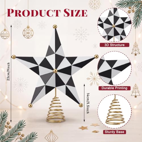 9-Inch Black and White Checkered Metal Christmas Tree Topper Star