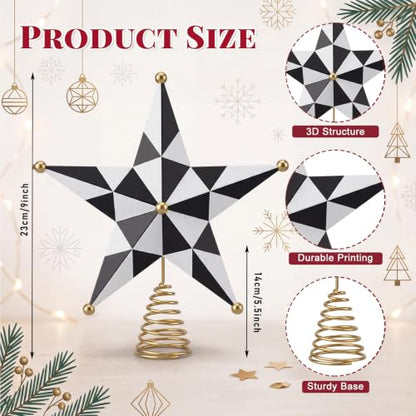 9-Inch Black and White Checkered Metal Christmas Tree Topper Star