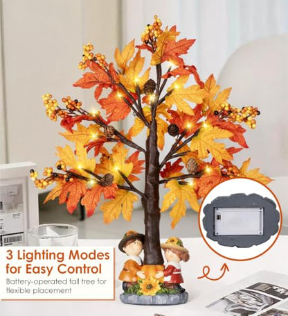20 Inch Pre-Lit Fall Maple Tree with Pinecone - Battery Operated Autumn Decor with Timer