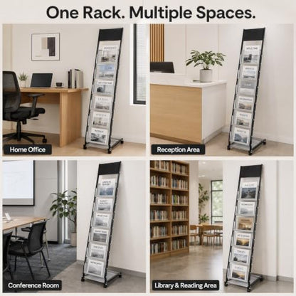 6-Tier Metal Magazine Rack with Lockable Wheels - Heavy Duty Floor Book Organizer