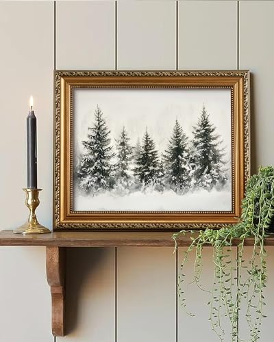 Christmas Tree Wall Art Canvas Print with Gold Frame - Rustic Winter Pine Forest, 8x10 Inch, Variation: Christmas Trees 17/10"L x 8"W
