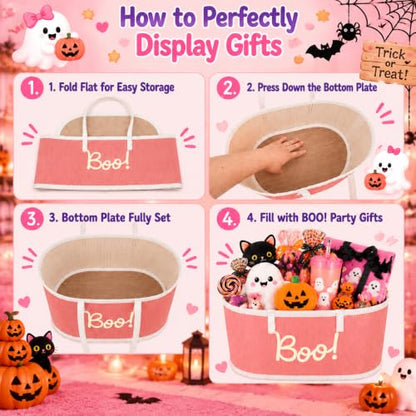 Pink Halloween Gift Basket - Large Foldable Woven Bamboo Decor