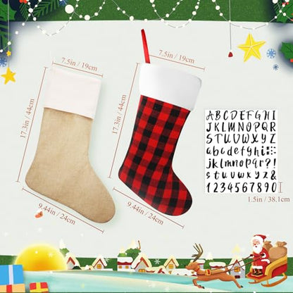 Christmas Burlap Stockings Hanging Set - Light Brown, Red & Black, 12 Pack
