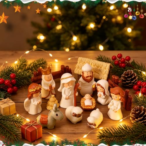 Mini Resin Nativity Scene Figurines Set - 25 Pieces Christmas Decor