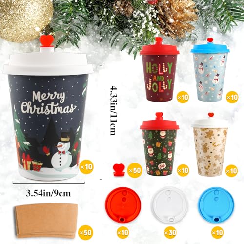 50 Pack Christmas Disposable Coffee Cups with Lids & Sleeves - 12 Oz Vintage Xmas Paper Cups for Hot & Cold Drinks