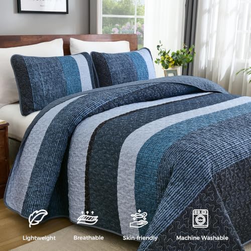 King Navy Blue Striped Quilt Set - 3-Piece Boho Bedding with Shams