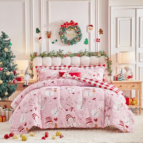 Pink Snowman Christmas Comforter Sheet Set King - 7 Pieces Holiday Bedding
