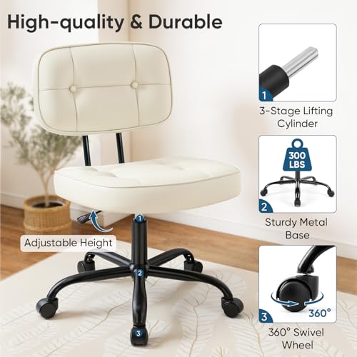 Armless Office Desk Chair with Wheels - Ivory White, 21.5"D Small Vanity Chair