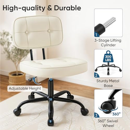 Armless Office Desk Chair with Wheels - Ivory White, 21.5"D Small Vanity Chair