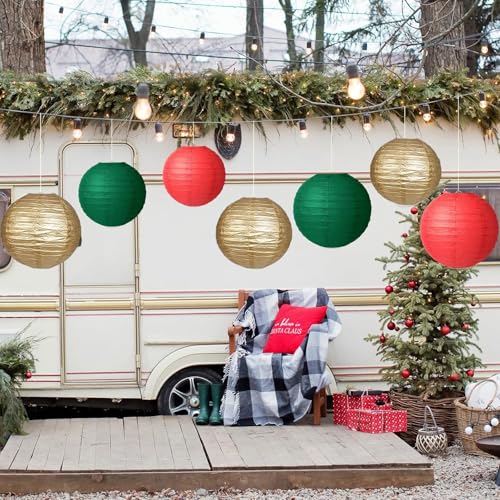 Christmas Red, Green & Gold Paper Lanterns Set of 12 Decorative Hanging Decorations