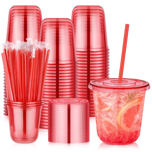 Red Disposable Party Cups with Lids & Straws 50 Pack - 12oz