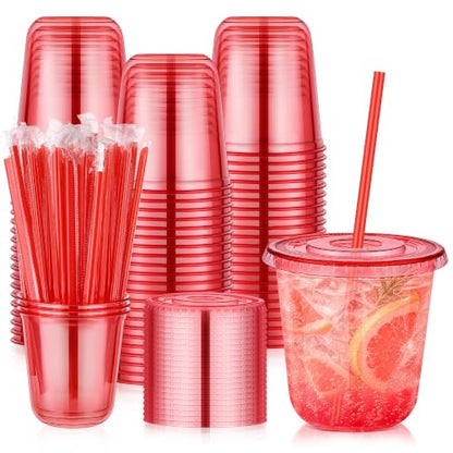 Red Disposable Party Cups with Lids & Straws 50 Pack - 12oz