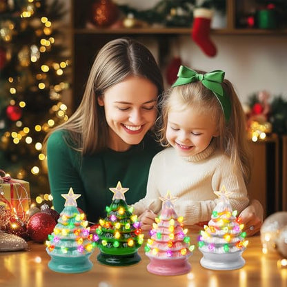 Mini Ceramic Christmas Tree Set - 4 Pack Pre-Lit Tabletop Holiday Decor - White, Green, Pink, Light Green