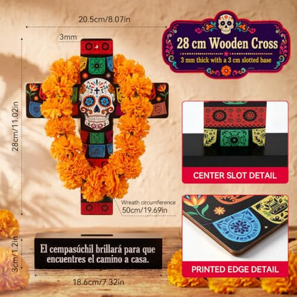 Amyhill Dia De Los Muertos Decor Wood Cross with Marigold Wreath - Classic