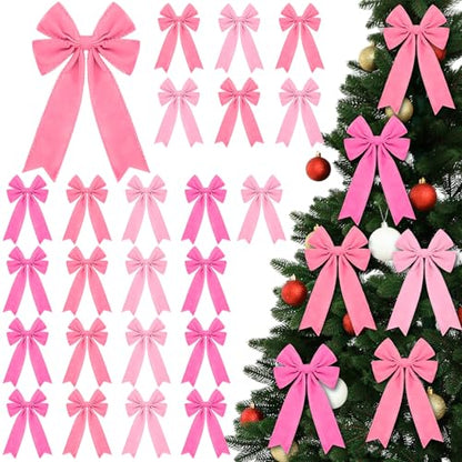 24 Pcs Pink Velvet Christmas Bows Tree Decorations Holiday Wreaths
