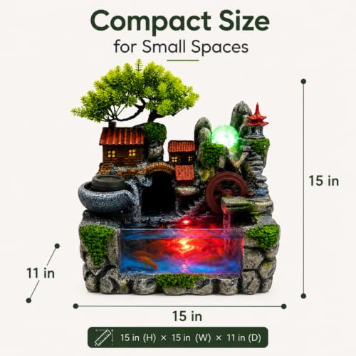Indoor Tabletop Fountain with LED Lights, Mist, and Rockery Decor