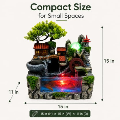 Indoor Tabletop Fountain with LED Lights, Mist, and Rockery Decor