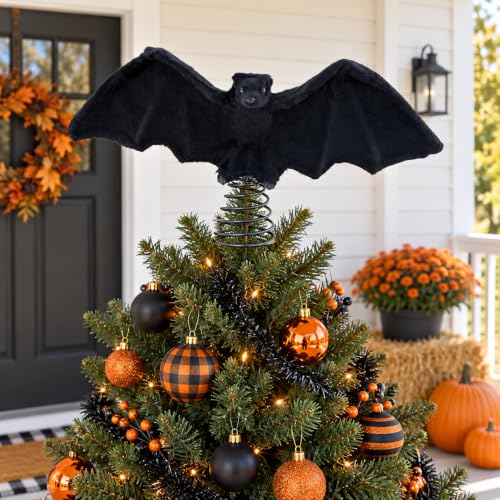 Halloween Bat Tree Topper - 10 Inch Black Plush Gothic Christmas Decoration