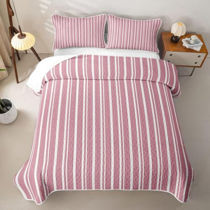 Pink White Striped Quilt Set Queen Size - Modern Geometric Bedspread with Pillow Shams - Kids Bedroom Decor - Variation: White Pink