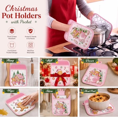 Christmas Pot Holders with Pockets - Pink Gingerbread Holiday Kitchen Accessories