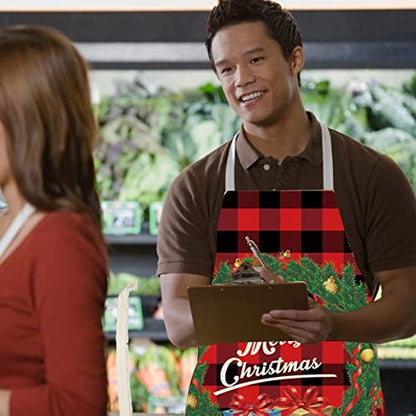 Christmas 4pcs Kitchen Aprons Set - Red Plaid Adjustable Cooking & Baking