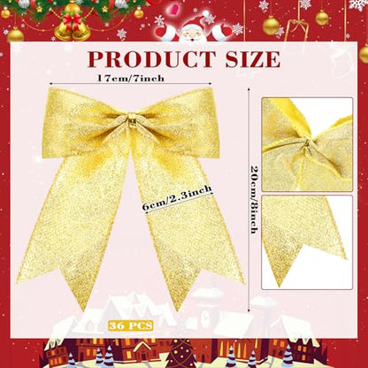 Gold Glitter Christmas Tree Bows - 36 Pcs, 7x7 Inch, Holiday Decor