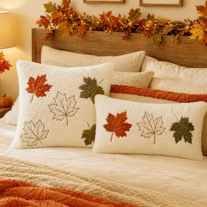 Fall Halloween 18x18 Inch Pillow Cover - Autumn Farmhouse Decor, Cozy Fluffy Throw Cushion with Maple Leaf Embroidery, Colorful, Pack of 1