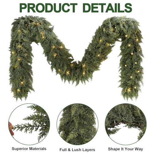 Green Cedar Garland with Lights - 9FT Real Touch Faux Evergreen, 2 Pack