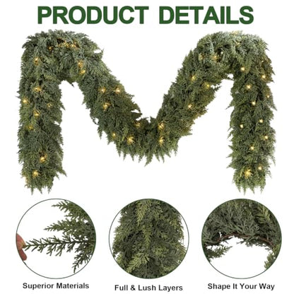Green Cedar Garland with Lights - 9FT Real Touch Faux Evergreen, 2 Pack