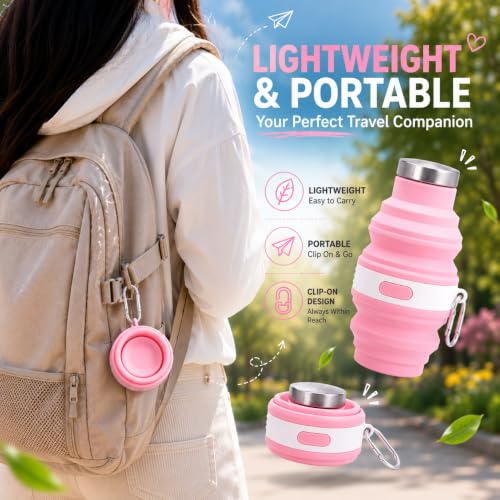 Collapsible Silicone Water Bottle Set - Blue & Pink, Reusable & Leakproof