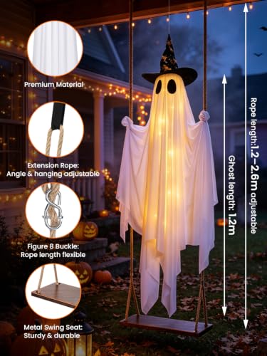 Halloween Swinging Ghost Outdoor Decoration with Witch's Hat - 5FT Ghost & Adjustable Rope