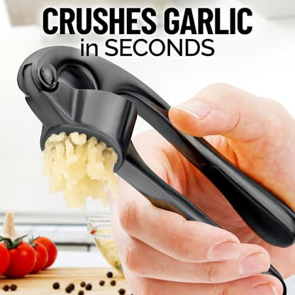 Zulay Kitchen Premium Garlic Press Set - Rust Proof & Dishwasher Safe Professional Garlic Mincer Tool - Easy-Squeeze, Easy-Clean with Soft, Ergonomic Handle - Silicone Garlic Peeler & Brush-Dark Gray