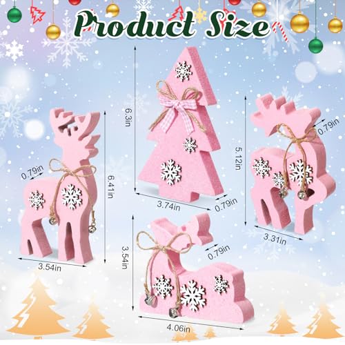 Pink Christmas Reindeer & Tree Wooden Tabletop Decorations - Set of 4